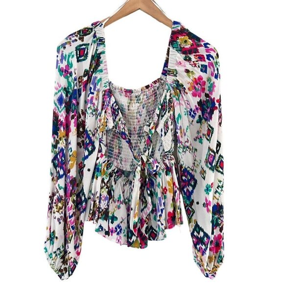 BTFL-Life Floral Colorful Tunic Top Balloon Sleeves Open Back Ties Blouse XS - Picture 13 of 13